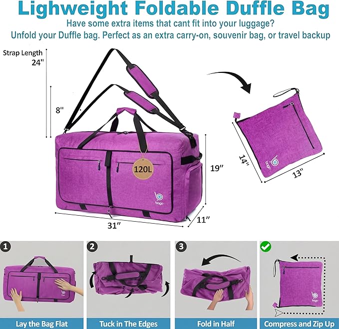 Bago Extra Large Duffle Bag for Travel Women & Men. Durable, Lightweight, Foldable Travel Duffel Bags For Traveling Women. 120L Duffle Bags Use As a Weekender Bag with Shoe Compartment, Checked Duffel
