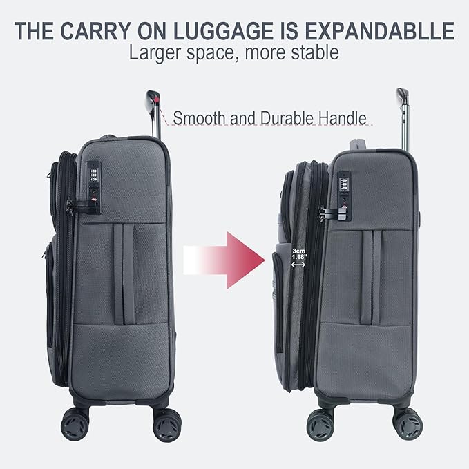 KROSER Softside Expandable checked Luggage with Front Business Pockets，24 Inch Suitcases with Spinner Wheels & Built-in TSA Lock, Durable Suitcase Rolling Luggage, Grey