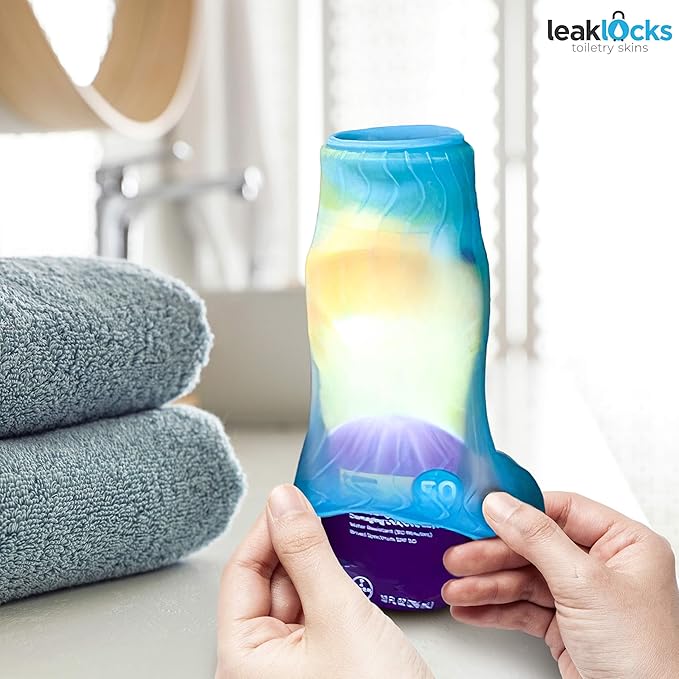 LeakLocks® Toiletry Skins 4-Pack w/Travel Bag. Elastic Sleeve for Leak-Proofing Travel Container in Luggage. Fits Standard/Travel Sized Toiletries. Reusable Accessory for Travel Bag Suitcase/Carry-on