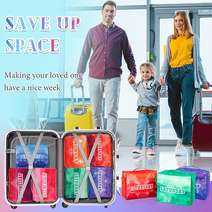Paterr 14 Pcs Packing Cubes for Travel Kids Days of Week Compression Packing Cubes Colorful Luggage Organizers Suitcase Camp(10 x 8 x 5 Inch)
