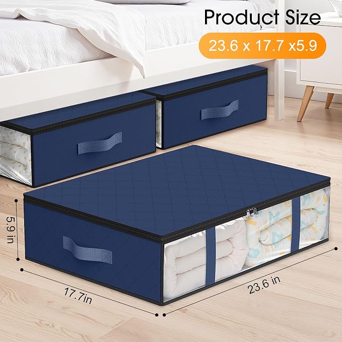 StorageRight Under Bed Storage Bags, 3 Pack, 40L, Blue | Breathable Non-Woven Fabric with a Clear Window and Zippered Top for Clothes, Comforters, Blankets and Seasonal Storage