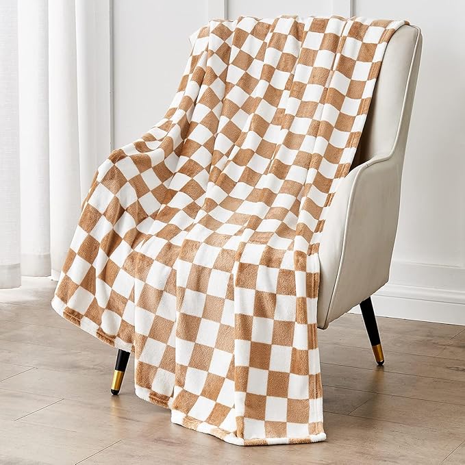 Checkered Blanket Flannel Throw Blankets Soft Cozy Checkered Grid Print Chessboard Gingham Pattern Throws for Bed Sofa Couch for All Seasons, 60x80 Inch, Blonde
