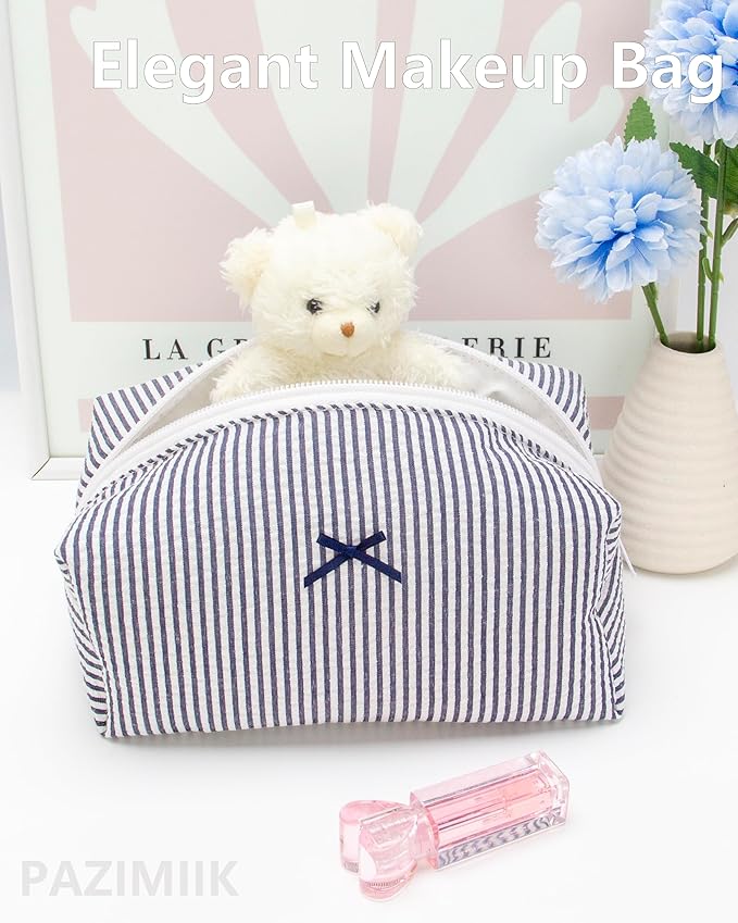 PAZIMIIK Cozy Makeup Bag Small Aesthetic Travel Zipper Cosmetic Pouch for Women Make Up Beauty Accessories Brushes, Stripe Navy Blue