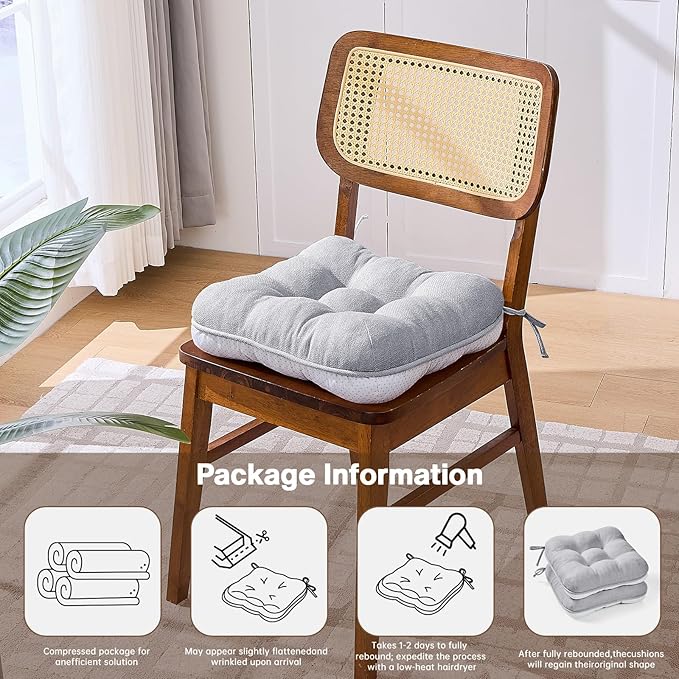 BETU Chair Cushions for Dining Chairs Set of 4,3.5" Thick Kitchen Table Chair Pads with Ties,Non Slip Backing and Covers, Seat Cushion for Dining Room,Bar,Patio Chairs,16"X16"X3.5",Light Grey