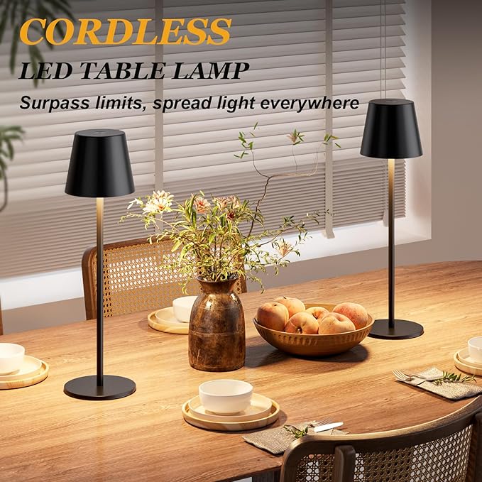 Kakanuo Cordless Table Lamp Rechargeable Black - KK 2 Pack 5000mAH Battery Operated Lamp for Counter, 3 Color Stepless Dimming Wireless Lamp for Dining Kitchen, Outdoor Patio, Touch Control
