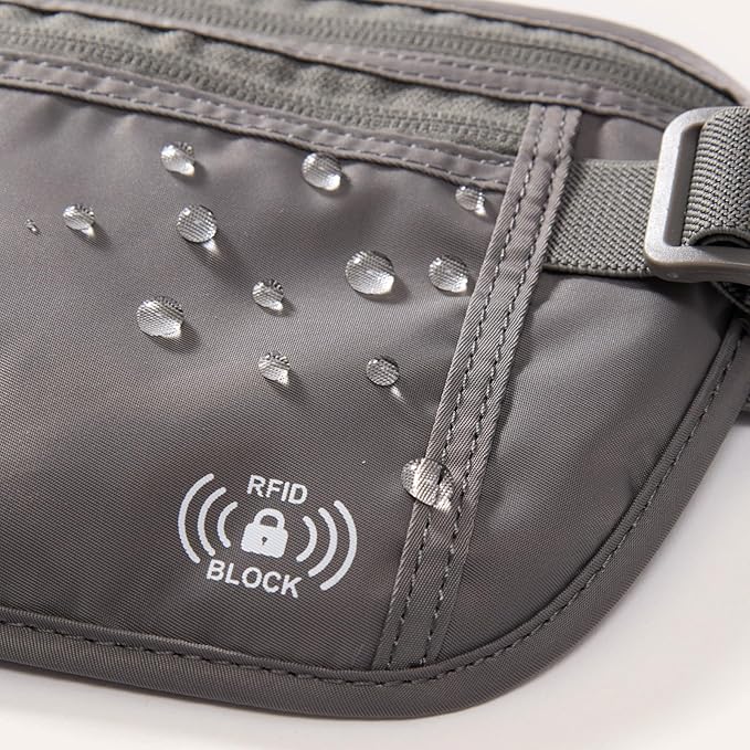 Pander RFID Blocking Travel Money Belt – Hidden Waist Pouch for Passport, Cash, Cards, Slim Belt Bag for Men and Women, Dim Grey
