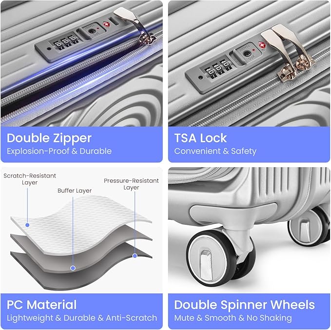 3 Piece Luggage Set 100% PC Hardshell, Front Opening Expandable Suitcase (20/24/28) with Laptop Compartment & Free Custom PVC Covers, Trunk Style Lightweight Spinner Wheels TSA Lock (Silver)