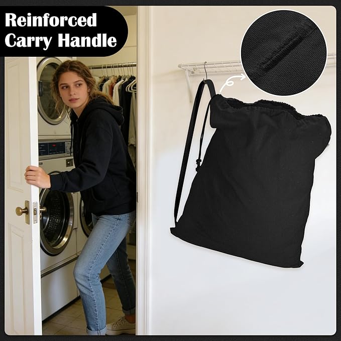 Canvas Laundry Bag with shoulder Strap 24"W x 29"H, Large Drawstring Dirty Clothes Bag Washable Laundry Sack for College Dorm, Travel, Home, Camp (Black)