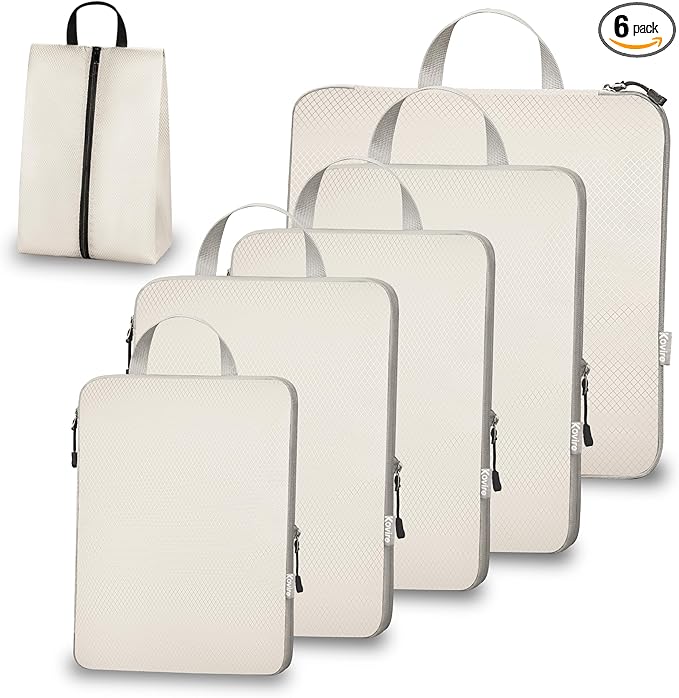 Compression Packing Cubes for Travel, Set of 6 Expandable Luggage Organizers with Shoe Bag, Lightweight Water-Resistant Suitcase Essentials for Carry-on & Checked Luggage, Apricot
