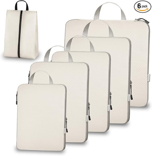 Compression Packing Cubes for Travel, Set of 6 Expandable Luggage Organizers with Shoe Bag, Lightweight Water-Resistant Suitcase Essentials for Carry-on & Checked Luggage, Apricot