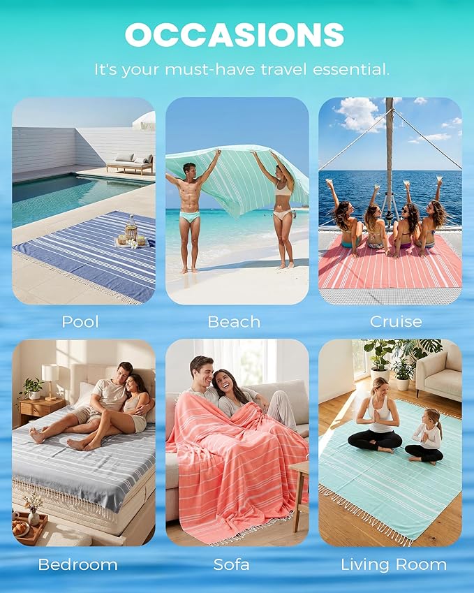2 Pack Giant Huge Thin Boho Throw Blanket Turkish Beach Blanket Towel Jumbo Extra Large XL XXL Oversized Outdoor Picnic Accessories Travel Essentials for Family Camping Gears Must Haves Yard Mat Navy