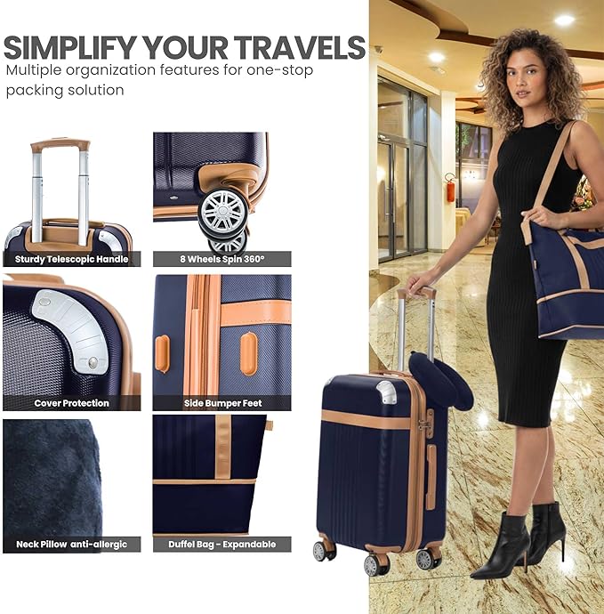 Santino Luggage Sets 3 Piece Carry On Luggage Set 20 Inch Hardshell & Lightweight PP Luggage Suitcase with Detachable Spinner Wheels & TSA Lock 20" Suitcase with Duffel & U-shaped pillow
