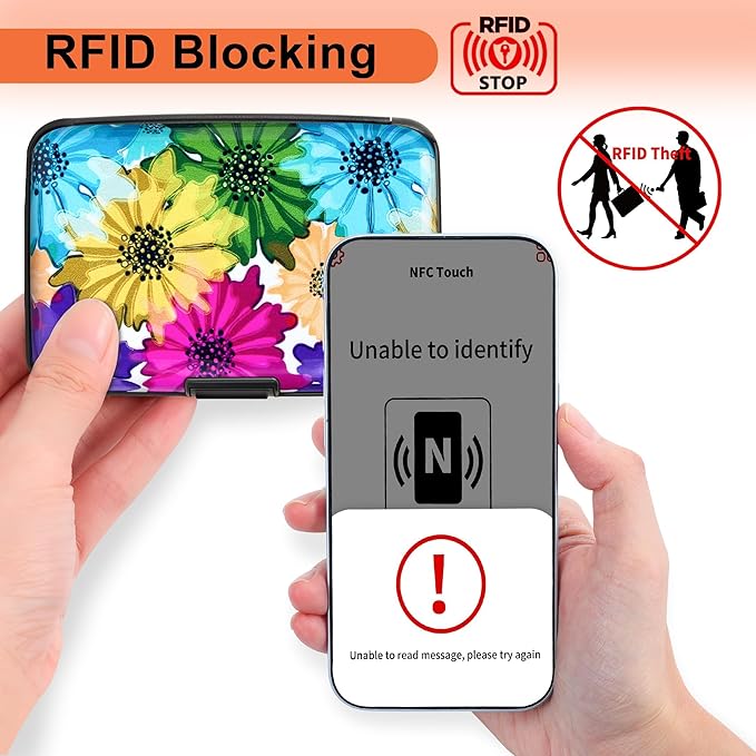 Mayski Credit Card Holder, RFID Blocking, Aluminum Alloy Hard Case, Small Mini Business Metal Wallet for Women Men, Colorful Flowers