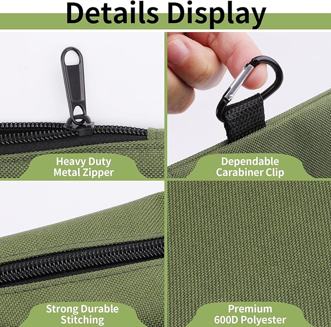 3 Pack Premium Tool Pouches Zipper Bag, Small Tools Bags with Carabiner, Heavy Duty Flat Bottom Utility Multipurpose Storage Organizer Bag for Tool, Stationary, Pencil