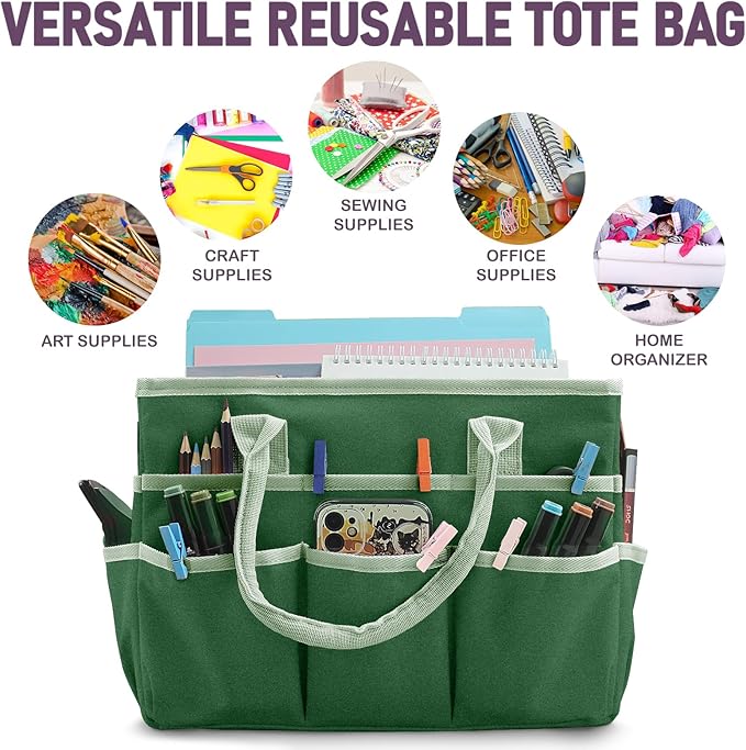Cupohus Art Organizer Craft Storage Tote Bag with Pockets and Handles, Oxford Fabric Carrying Caddy for Teacher, Officer, Artist, Traveler, and more –Green