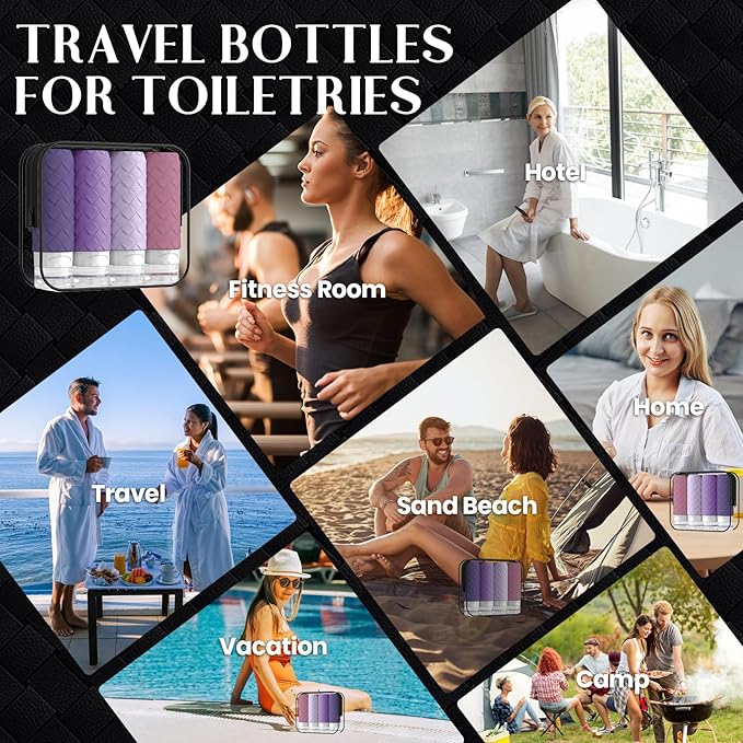 Travel Bottles for Toiletries, TSA Approved Silicone Travel Size Containers for Toiletries, BPA Free Leak Proof Refillable Essentials Accessories, Shampoo and Conditioner Bottles (Purple)