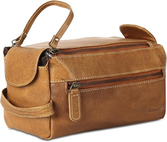 KomalC Premium Buffalo Leather Toiletry Bag for Men & Women With Water resistant Lining, Grooming Travel Pouch, Unisex Wash Bag for Toiletries, Gifts for Men and Women