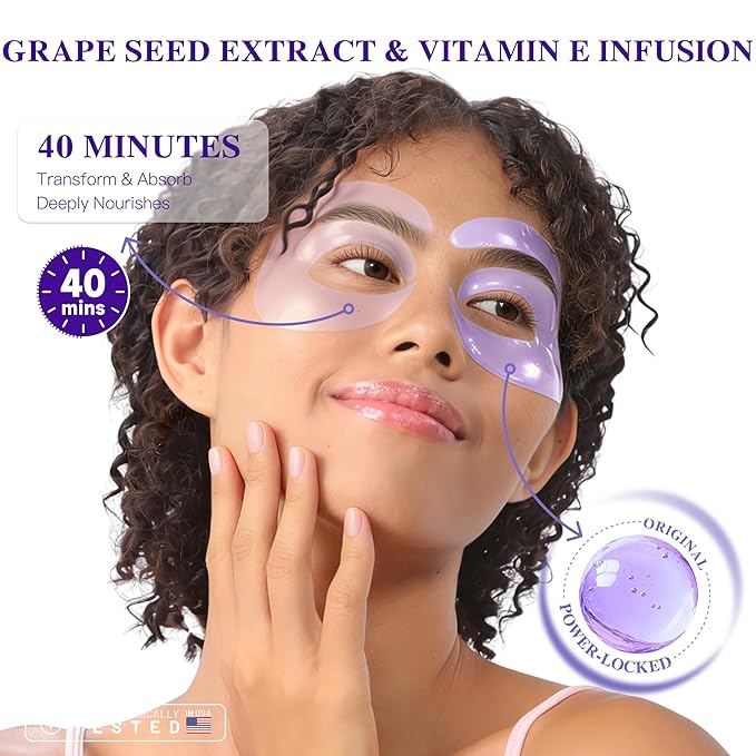 Under Eye Patches with Grape Seed Extract, Eye Patches for Puffy Eyes and Dark Circles, 360° Under Eye Mask for Radiance Boosting Effect, Dark‑Circle Reduction, Relieves Skin, 12 Pairs (Purple)