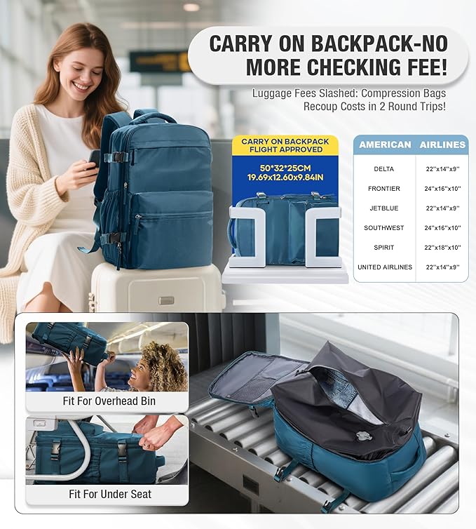 VECAVE Vacuum Travel Backpack with Pump for Women, Personal Item Carry on Backpacks Flight Approved for Men,Laptop Waterproof Work Compression bags Casual Daypack(Blue)