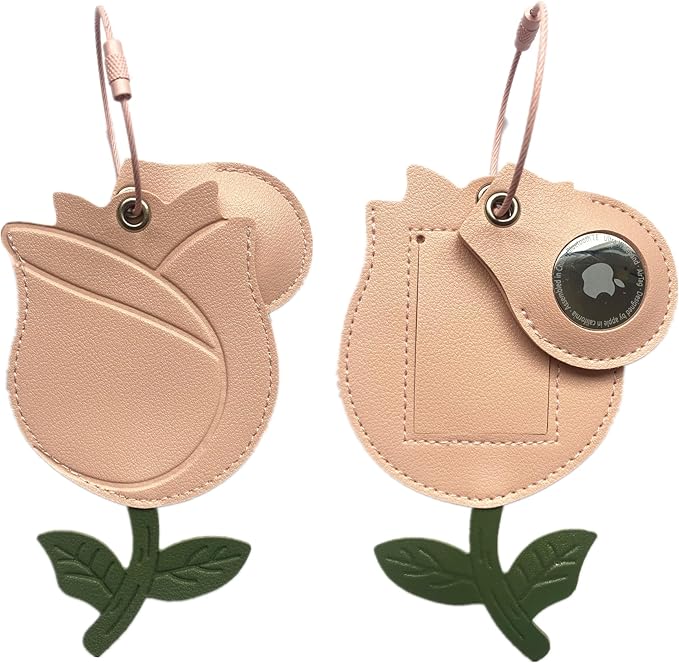 Cute Leather Luggage Tag Holder with Airtag Case Set,Hidden Compartment for AirTag Travel Suitcase Tracking Case with Stainless Steel Loop,Name ID Label(Pink Roser)