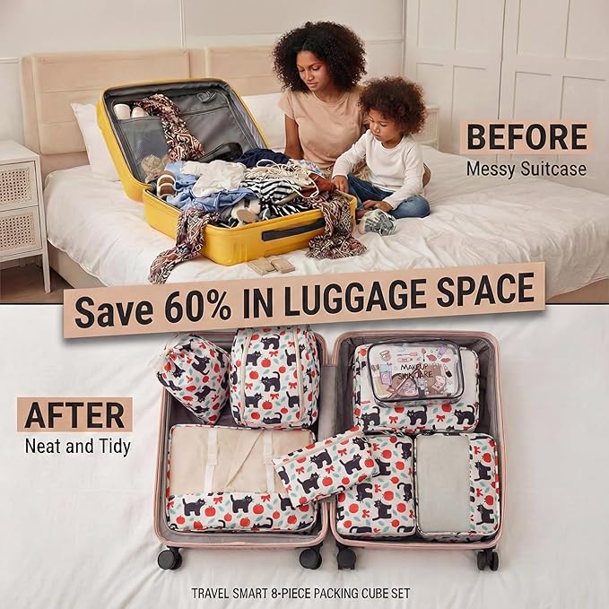 8 Set Packing Cubes for Travel with Clear Toiletry Bag, Durable Luggage Packing Organizers, Carry-On Accessories, TSA Approved See-Through Cubes, Space-Saving Storage Bags, Gifts for Women