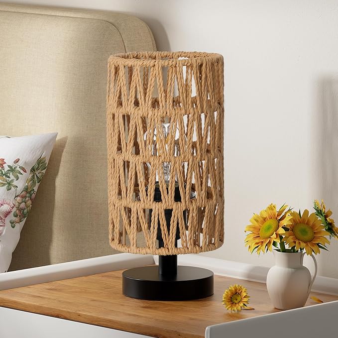 Table Lamps (Rattan Rope Shade - Black Base, 9" Inline Control) | 3000K LED Blub Included | 680 Lumens | Easy Assembly | Minimalist Design | E26 | for Kitchen | for Kids Room