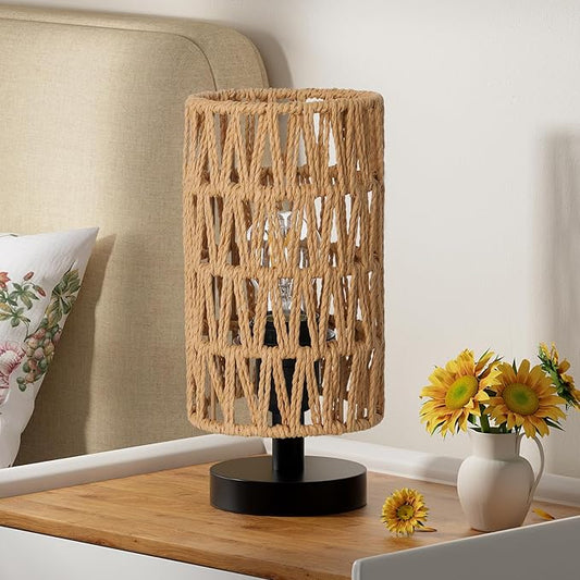 Table Lamps (Rattan Rope Shade - Black Base, 9" Inline Control) | 3000K LED Blub Included | 680 Lumens | Easy Assembly | Minimalist Design | E26 | for Kitchen | for Kids Room