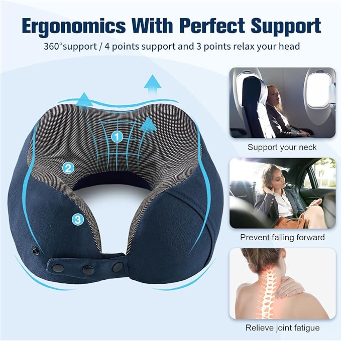 Neck Pillow for Traveling, Travel Pillows for Airplanes,100% Pure Memory Foam Travel Neck Pillow, Adjustable Flight Pillow, Portable Plane Accessories with Eye Mask, Earplugs, Carry Bag