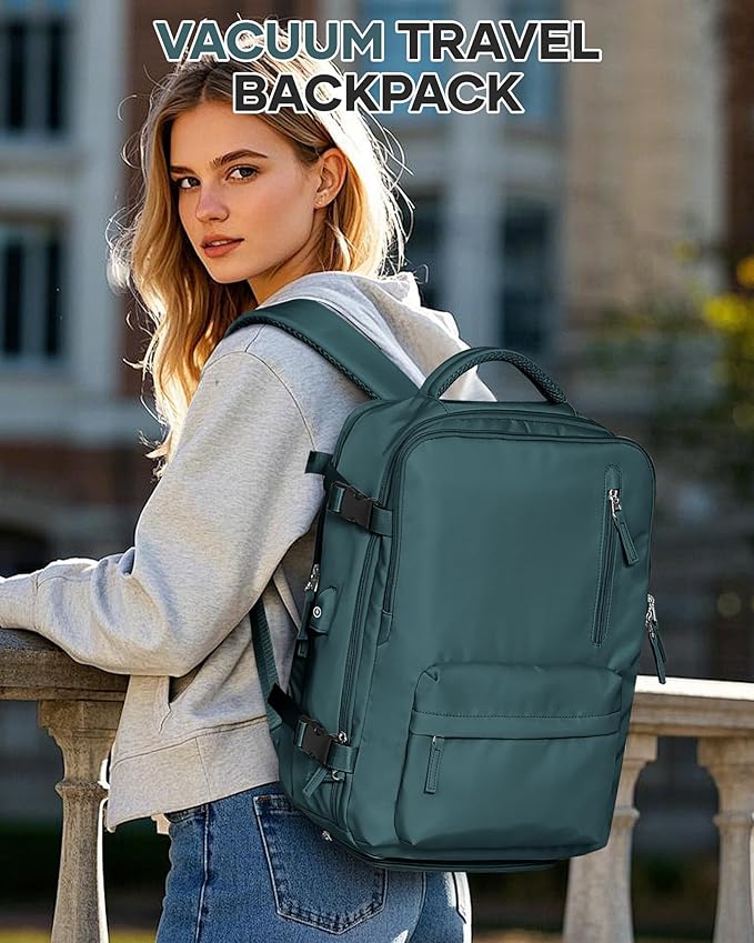 VECAVE Vacuum Travel Backpack with Pump for Women, Personal Item Carry on Backpacks Flight Approved 18x14x8 inches for Men,Laptop Waterproof Work Compression bags Casual Daypack. (Blue)