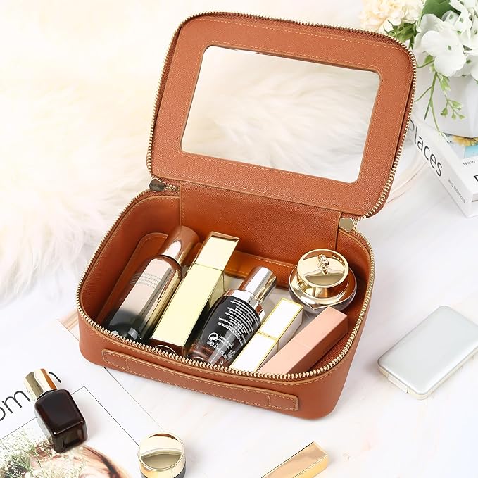 Aveniee Clear Makeup Bag, Travel Toiletry Case for Women, Cosmetic Pouch with Zippers, Car Storage Organizer for Essentials,Brown,Medium Classic