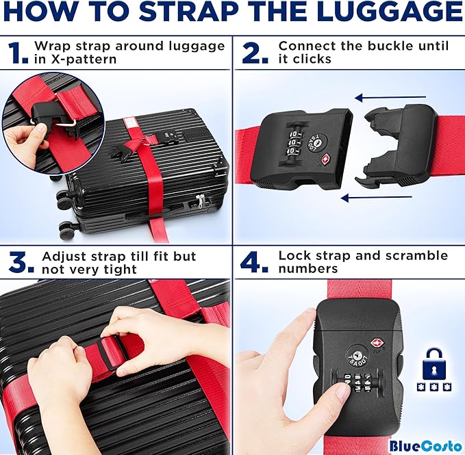 BlueCosto - Luggage Strap with TSA Lock - 7 to 13 ft Adjustable, Bright Red - TSA Approved Suitcase Security Belt with 3 Digit Combination Locking - 2" Wide Heavy Duty Baggage Strap for Secure Travel
