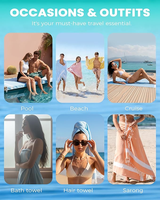 4 Packs Turkish Beach Towels Oversized Swim Towel Set Bulk Quick Dry Bath Pool Sand Free Extra Large Xl Big Blanket Adult Travel Essentials Cruise Accessories Must Have Clearance Vacation Stuff
