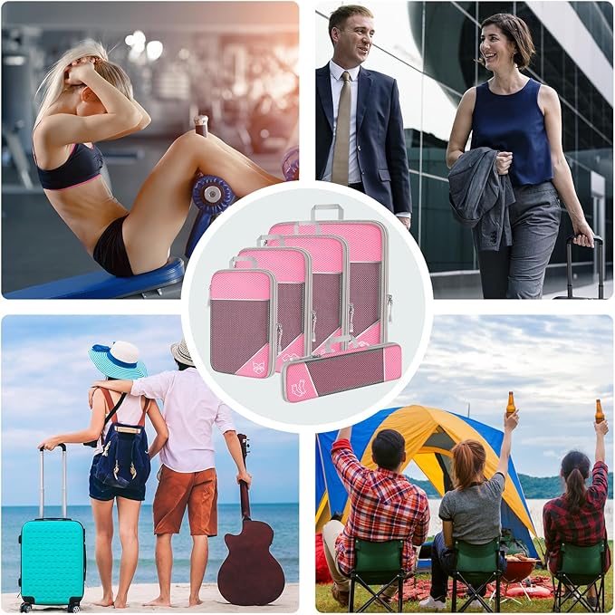 NiHome 7PCS Compression Packing Cube Set Expandable Mesh Travel Bag Luggage Organizers with Electronic Cable Cord Charger Organizer Drawstring Bag for Trip Home Storage Travel Gear Accessories (Pink)