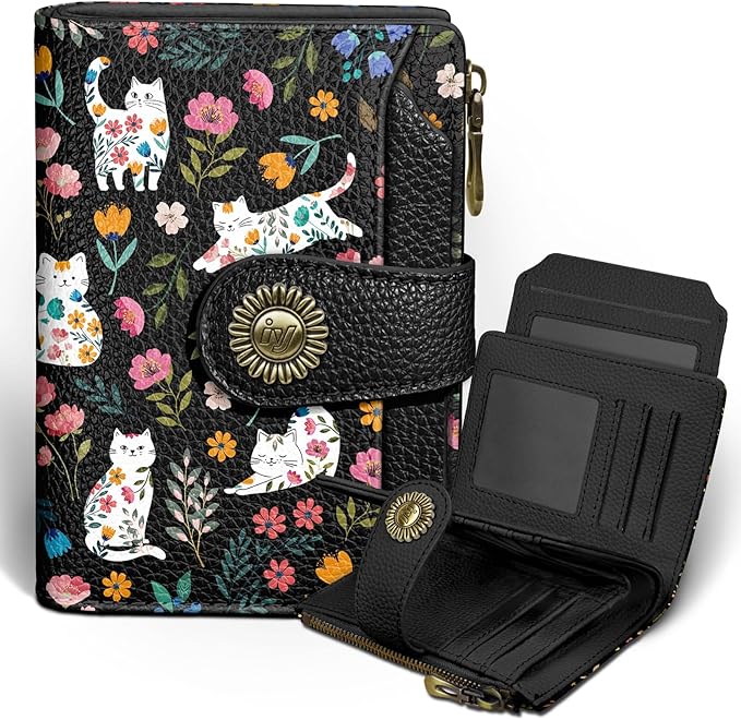 Icycay Flowers Cat Wallet Women Small RFID Blocking Bifold, Cute Credit Card Holder, Zipper Coin Pocket, PU Leather, Compact, Travel, 4 ID Window, 14 Card Slots, Cash Purse, Ladies Woman Female Girls