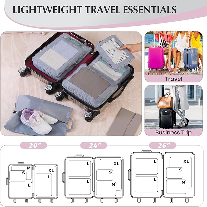 Ultralight Compression Packing Cubes for Suitcases Carry on，Compressible Mesh Packing Cubes for Travel Women Travel Essentials with Shoe Bag 6 Set (Grey)