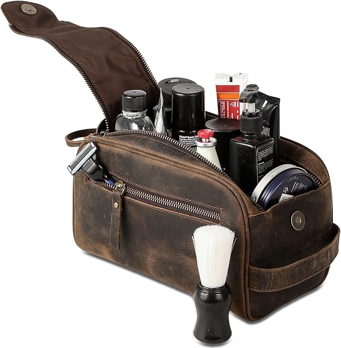 KomalC Travel Toiletry Bag – Premium Leather Dopp Kit for Men & Women with Water-Resistant Lining & Spacious Zippered Organizer