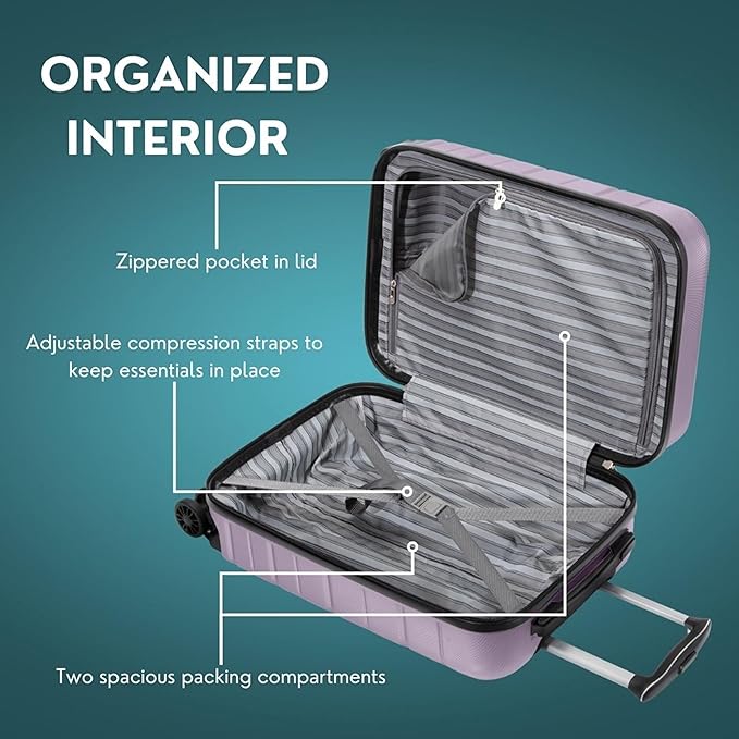 Skyway Epic 2.0 Hardside Lightweight and Durable ABS Shell Luggage, Spacious with 8-Wheel Spinners, Comfort Grip with Telescoping Handle, Men and Women, Silver Lilac, 3-Piece Set (20,24, 28)