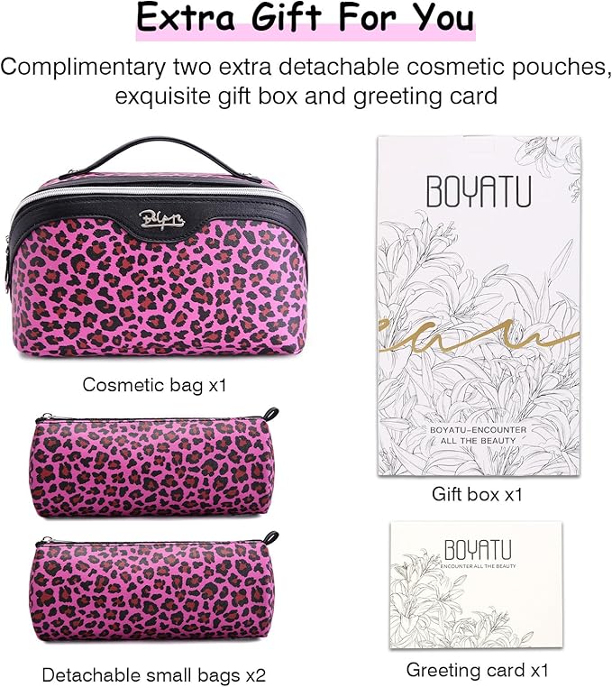 BOYATU Travel Makeup Bags Cosmetic Organizer Bag: 3 Pcs Set Large Capacity Make up Bag with Compartments - Waterproof Leather Toiletry Bags with Handle for Women (B-Red)
