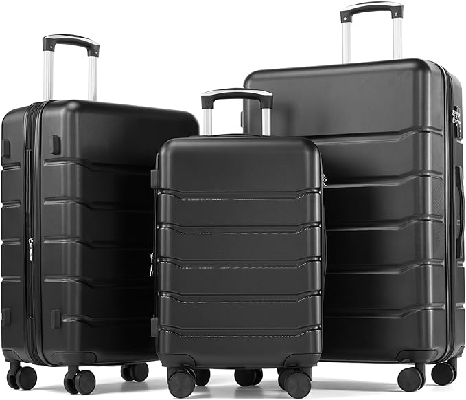 HealSmart Hardside Carry-On Luggage, Expandable Portable Hardshell Luggage with Spinner Wheels, Lightweight Suitcase TSA Lock, Black, 3-Piece Set (20/24/28)