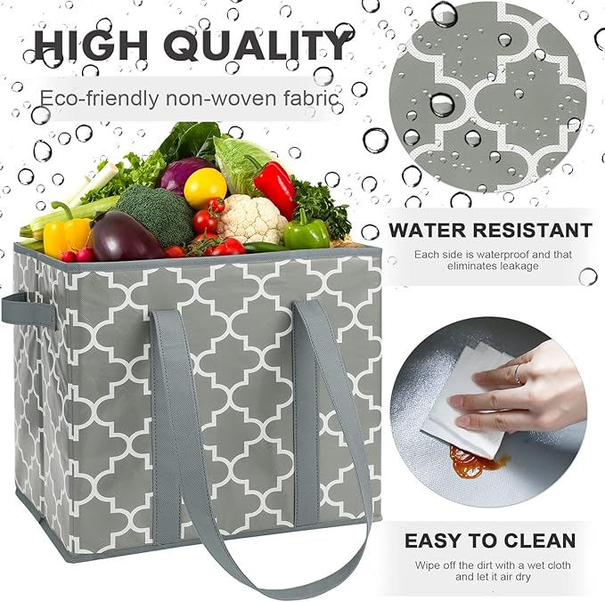 WISELIFE Reusable Grocery Bags 2-Pack Foldable Washable Storage Bins Basket Water Resistant Shopping Utility Tote Bag Grey