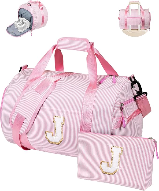 Gifts for Teenage Girl, Girls Travel Duffle Bag, Kids Initial Overnight Bags with Shoe Compartment, Personalized Weekender Bag with Makeup Pouch, Sweet 16 Gifts for Girls (Letter J)