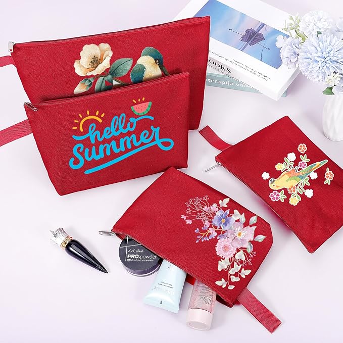10 Pieces Cotton Canvas Makeup Bag with Bottom and Strap, Multi-Purpose Cosmetic Bag with Zipper Travel Toiletry Pouch, Blank DIY Craft Bag (Red, S)