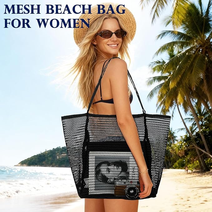Fammart Mesh Beach Bag, Large Beach Tote with Zipper Pocket, Toys Pool Bag for Family Travel Vacation Cruise Essentials