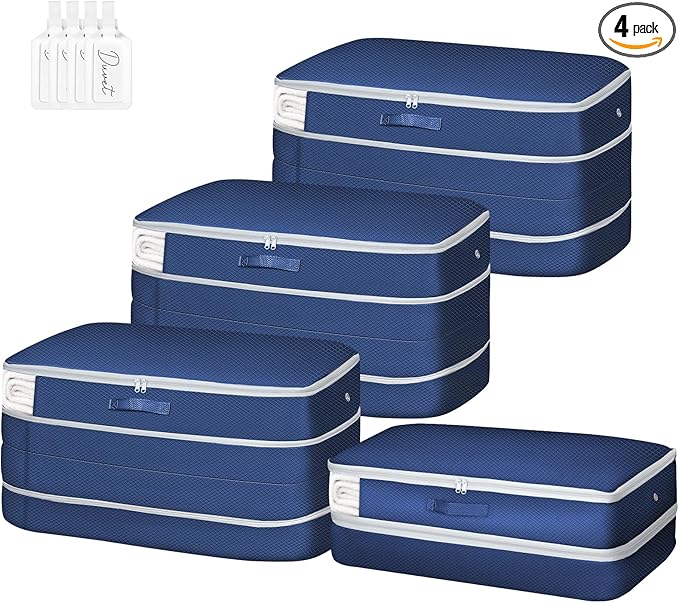 Comforter Storage Bag - Large Capacity Bedding Storage Bags Ultra Space Saving Self Compression Organizer, Washable Compression Bags for Storage Comforter Blanket Duvet, 4-Pack, Navy Blue