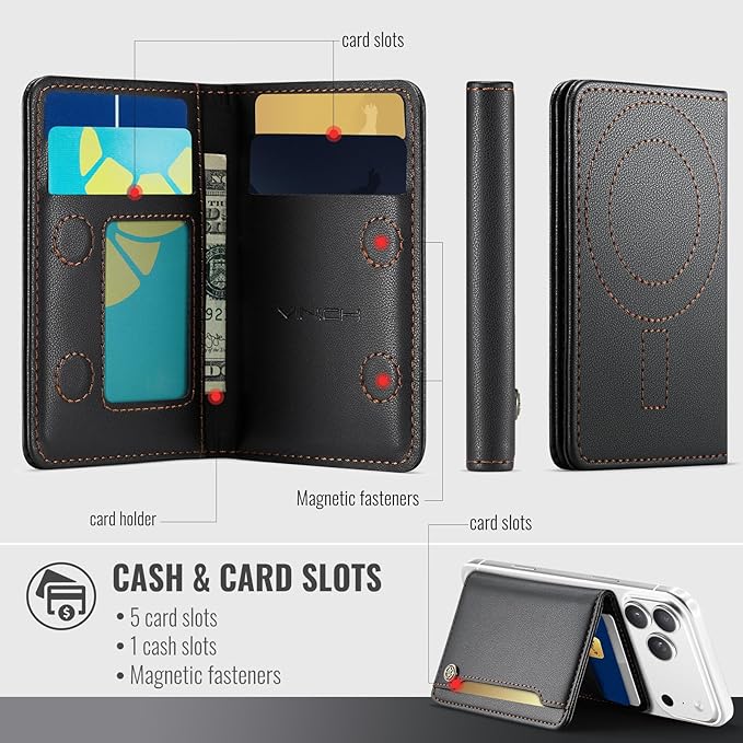 Vinich for MagSafe Wallet Magnetic RFID Blocking Card Holder Compatible with MagSafe Phones and Cases, Strong Magnet Minimalist Phone Wallet for iPhone 17/16/15/14/13/12/ Pro/Max/Plus, Black