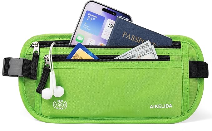 RFID Blocking Money Belt - Passport Holder & Travel Wallet, Slim Hidden Fanny Packs for Women Men - Green