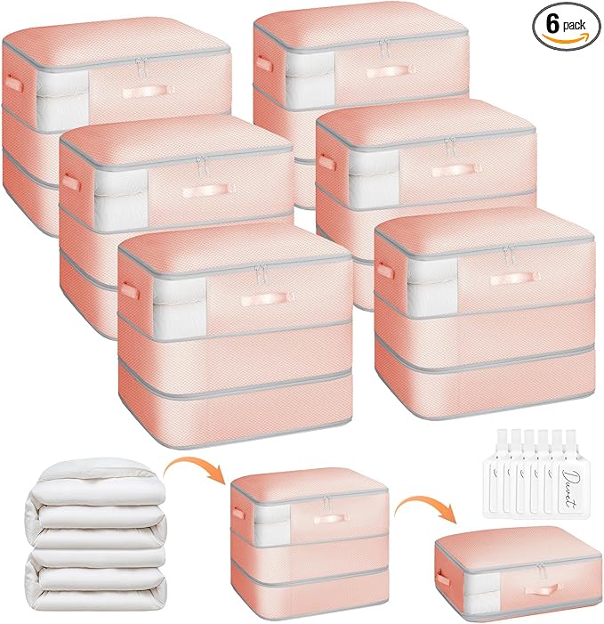 6 Pack Compression Storage Bags - 110L Large Capacity Comforter Storage Bag, 3-Layer Washable Ultra Space Saving Self Compression Organizer Space Bags for Blankets, Sweaters, Sheets, Pink