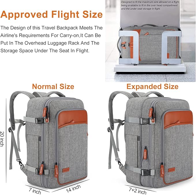 Lumesner Carry on Travel Backpacks, Extra Large 40L Flight Approved Bag for Men & Women,Expandable Suitcase Backpack With 4 Packing Cubes,Water Resistant Luggage Daypack Business Weekender Bag, Grey