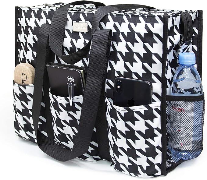 TOPDesign Utility Water Resistant Tote Bag with 13 Pockets, Top Zipper Closure & Thick Bottom Support, for Working Women