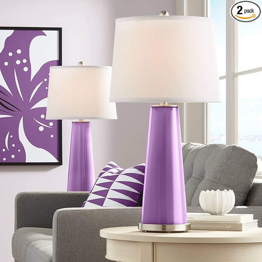 Leo 29 1/2" Tall Table Lamps Set of 2 Passionate Purple Glass Modern | Plain Tapered Column Bedroom Living Room House Home Bedside Nightstand Office Family White Drum Shade